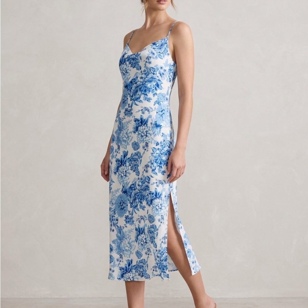 Petal & Pup Summer Cowl Neckline Blue & White Floral Slip Midi Dress Size 4